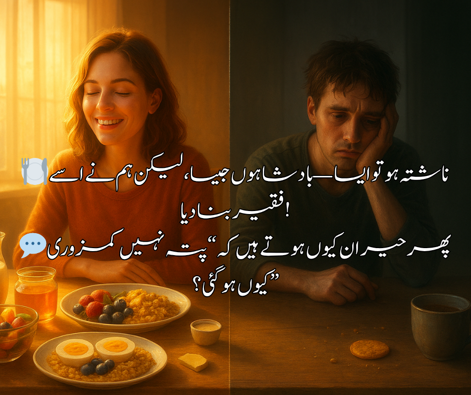 🍽️ ناشتہ ہو تو ایسا — بادشاہوں جیسا، لیکن ہم نے اسے فقیر بنا دیا! 💬 پھر حیران کیوں ہوتے ہیں کہ “پتہ نہیں کمزوری کیوں ہو گئی؟”