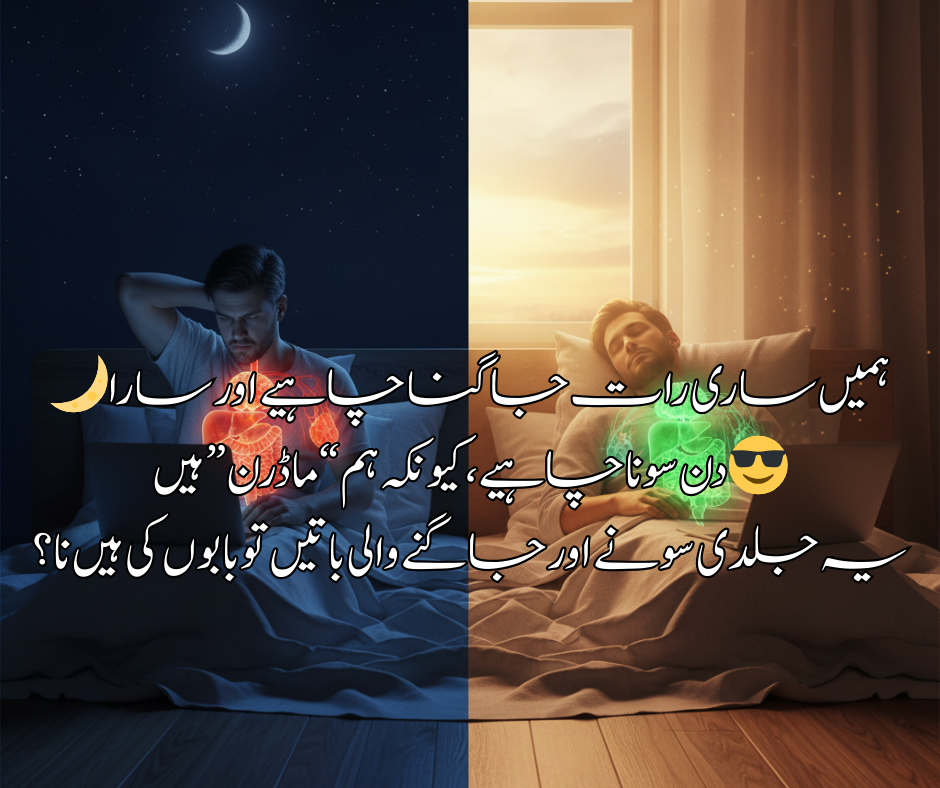🌙 ہمیں ساری رات جاگنا چاہیے اور سارا دن سونا چاہیے، کیونکہ ہم “ماڈرن” ہیں 😎