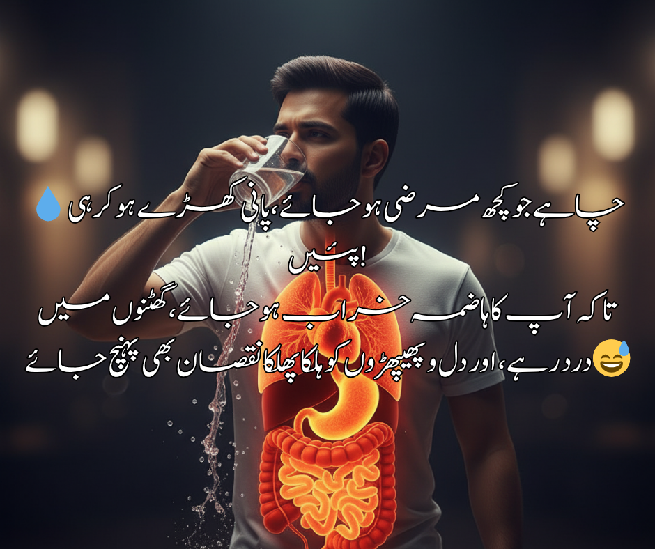 💧 چاہے جو کچھ مرضی ہو جائے، پانی کھڑے ہو کر ہی پئیں! تاکہ آپ کا ہاضمہ خراب ہو جائے، گھٹنوں میں درد رہے، اور دل و پھیپھڑوں کو ہلکا پھلکا نقصان بھی پہنچ جائے 😅