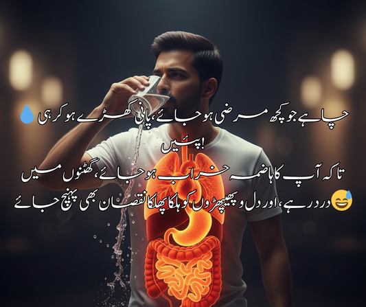 💧 چاہے جو کچھ مرضی ہو جائے، پانی کھڑے ہو کر ہی پئیں! تاکہ آپ کا ہاضمہ خراب ہو جائے، گھٹنوں میں درد رہے، اور دل و پھیپھڑوں کو ہلکا پھلکا نقصان بھی پہنچ جائے 😅