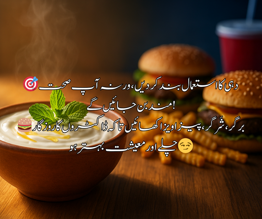 🎯 دہی کا استعمال بند کر دیں، ورنہ آپ صحت مند بن جائیں گے! 🍔 برگر، شَرگر، پیزا ویزا کھائیں تاکہ ڈاکٹروں کا روزگار چلے اور معیشت بہتر ہو 😏