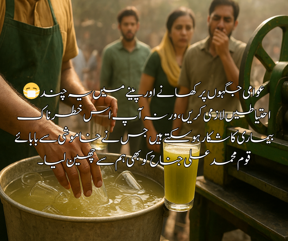 😷 عوامی جگہوں پر کھانے اور پینے میں یہ چند احتیاطیں لازمی کریں، ورنہ آپ اس خطرناک بیماری کا شکار ہو سکتے ہیں جس نے خاموشی سے بابائے قوم محمد علی جناح کو بھی ہم سے چھین لیا۔