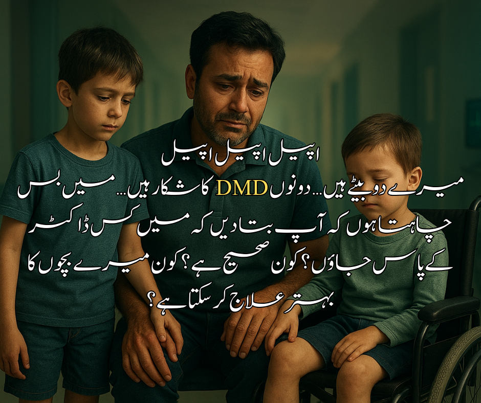 میرے دو بیٹے ہیں… دونوں DMD کا شکار ہیں… میں بس چاہتا ہوں کہ آپ بتا دیں کہ میں کس ڈاکٹر کے پاس جاؤں؟ کون صحیح ہے؟ کون میرے بچوں کا بہتر علاج کر سکتا ہے؟