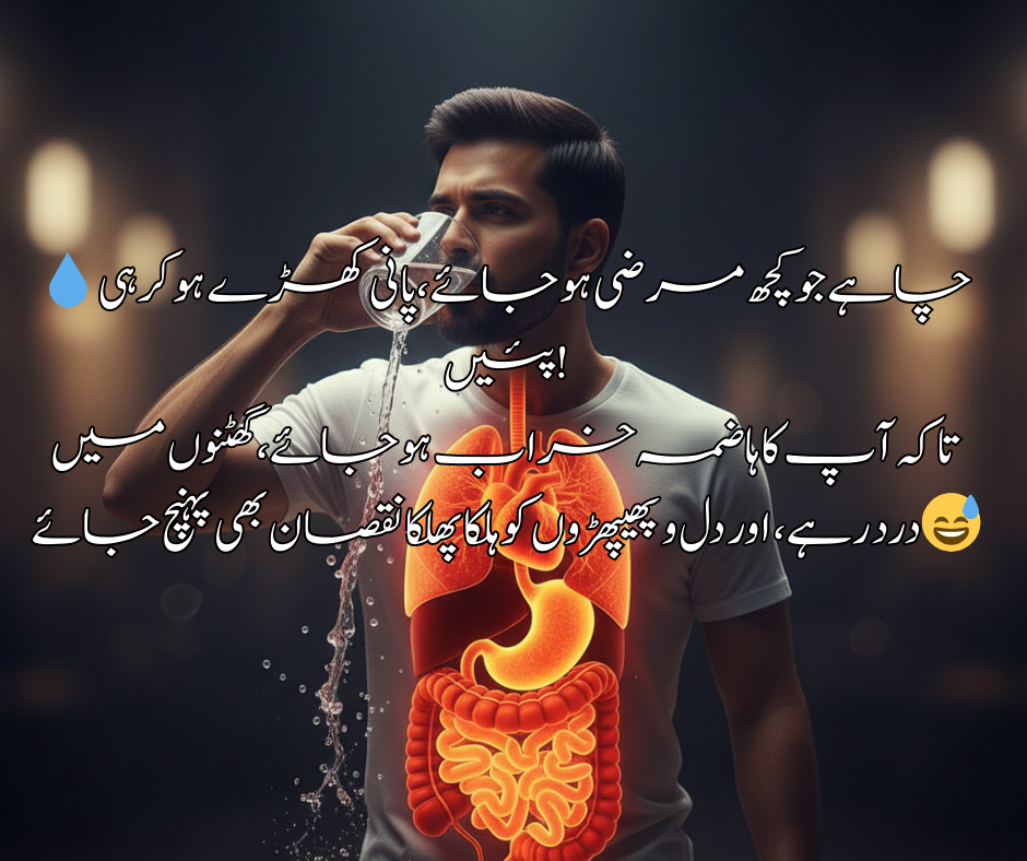 💧 چاہے جو کچھ مرضی ہو جائے، پانی کھڑے ہو کر ہی پئیں! تاکہ آپ کا ہاضمہ خراب ہو جائے، گھٹنوں میں درد رہے، اور دل و پھیپھڑوں کو ہلکا پھلکا نقصان بھی پہنچ جائے 😅