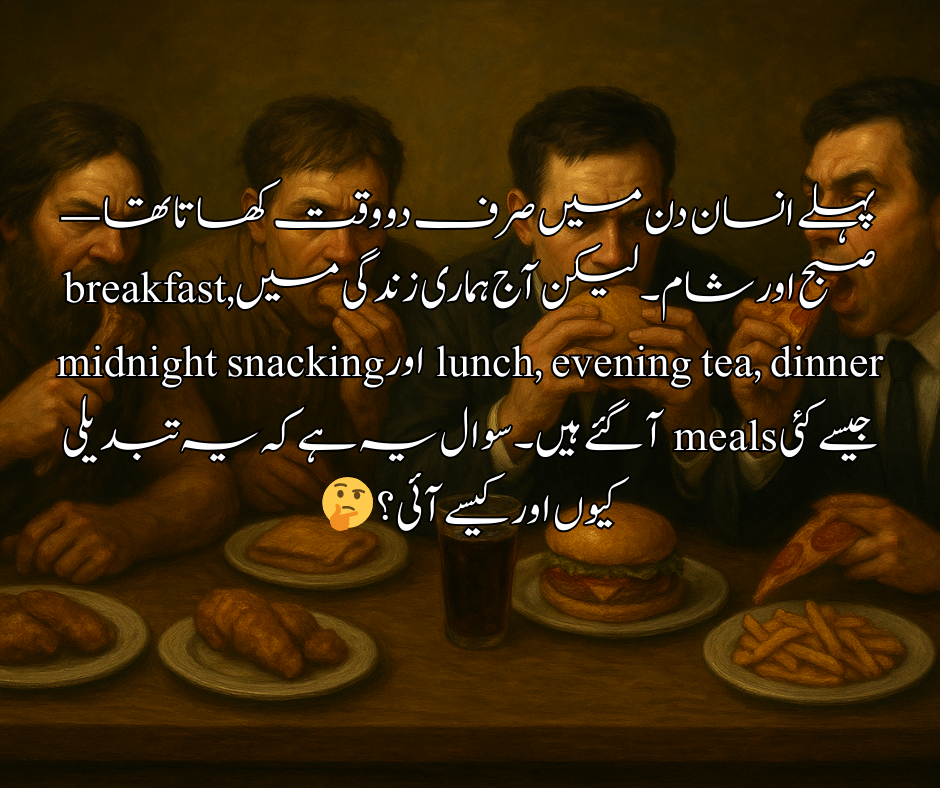 پہلے انسان دن میں صرف دو وقت کھاتا تھا — صبح اور شام۔ لیکن آج ہماری زندگی میں breakfast, lunch, evening tea, dinner اور midnight snacking جیسے کئی meals آ گئے ہیں۔ سوال یہ ہے کہ یہ تبدیلی کیوں اور کیسے آئی؟