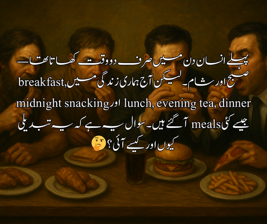پہلے انسان دن میں صرف دو وقت کھاتا تھا — صبح اور شام۔ لیکن آج ہماری زندگی میں breakfast, lunch, evening tea, dinner اور midnight snacking جیسے کئی meals آ گئے ہیں۔ سوال یہ ہے کہ یہ تبدیلی کیوں اور کیسے آئی؟