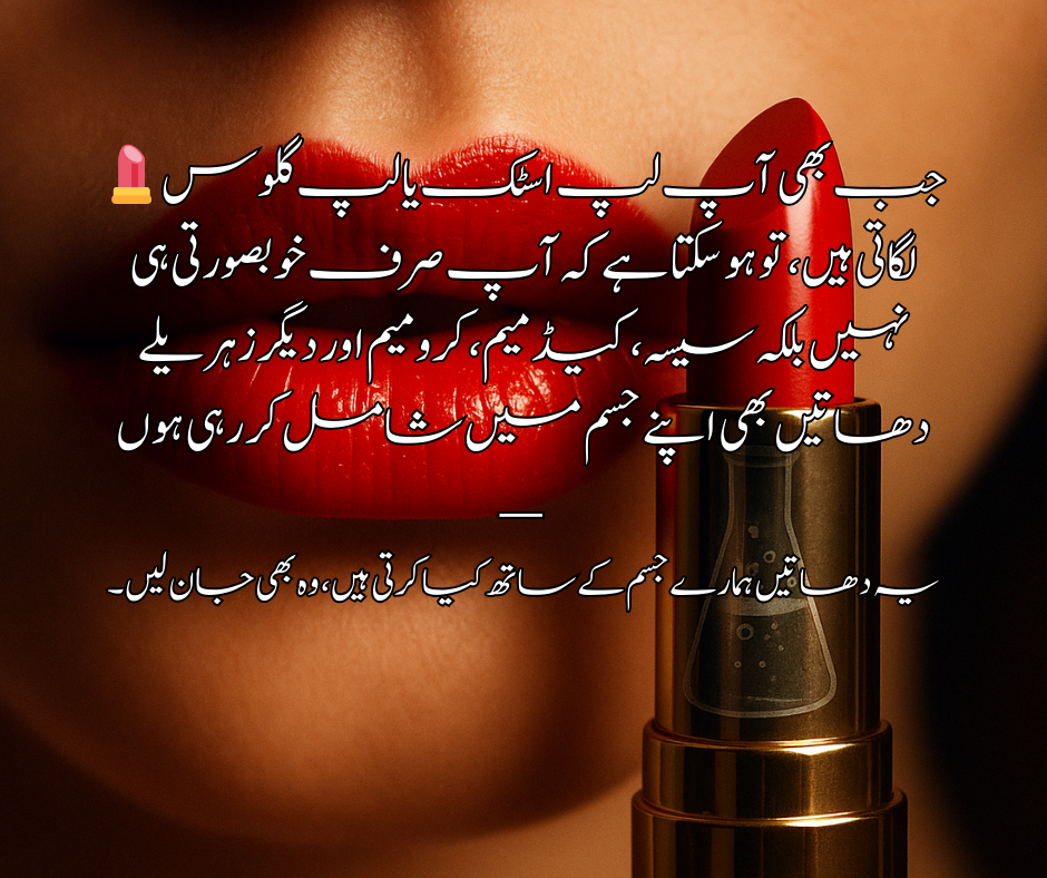 💄 جب بھی آپ لپ اسٹک یا لپ گلوس لگاتی ہیں، تو ہو سکتا ہے کہ آپ صرف خوبصورتی ہی نہیں بلکہ سیسہ، کیڈمیم، کرومیم اور دیگر زہریلے دھاتیں بھی اپنے جسم میں شامل کر رہی ہوں — یہ دھاتیں ہمارےجسم کے  ساتھ کیا کرتی ہیں، وہ بھی جان لیں۔