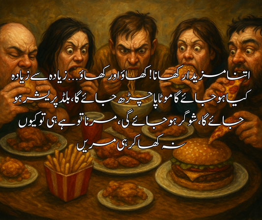 اتنا مزیدار کھانا ! کھاؤ اور کھاؤ زیادہ سے زیادہ کیا ہو جائے گا موٹاپا چڑھ جائے گا، بلڈ پریشر ہو جائے گا، شوگر ہو جائے گی ، مرنا تو ہے ہی تو کیوں نہ کھا کر ہی مریں
