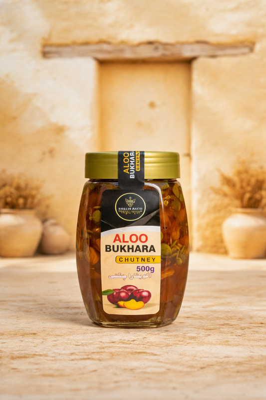 Aloo Bukhara Chutney is a traditionally prepared sweet-and-tangy condiment made from carefully selected dried plums, blended with natural spices to create a rich and balanced flavour.

It has a smooth, thick texture with a pleasant fruity aroma, making it a perfect addition to everyday meals.